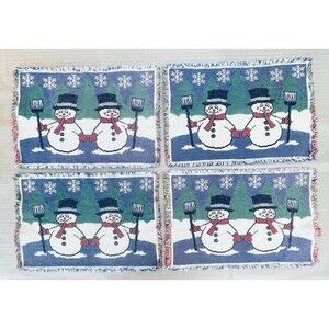 Snowman Tapestry Placemats Set of 4 Fringe Edges Winter Christmas Decor 17.5"x11